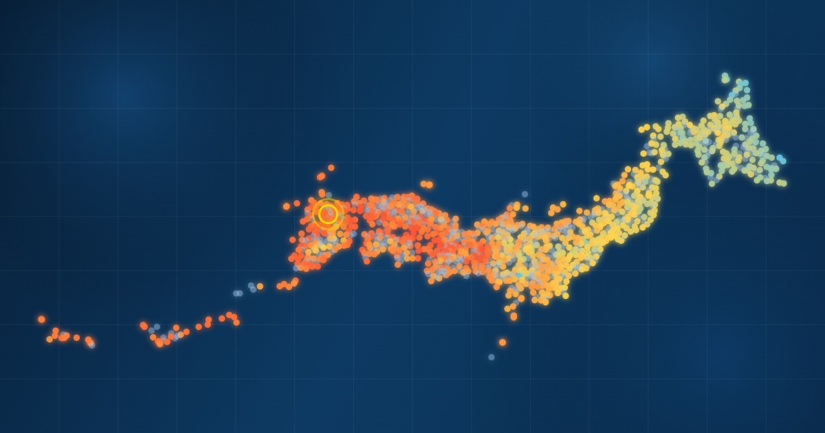 全国のアメダス観測地点の分布と現在気温を色で表したイメージ図