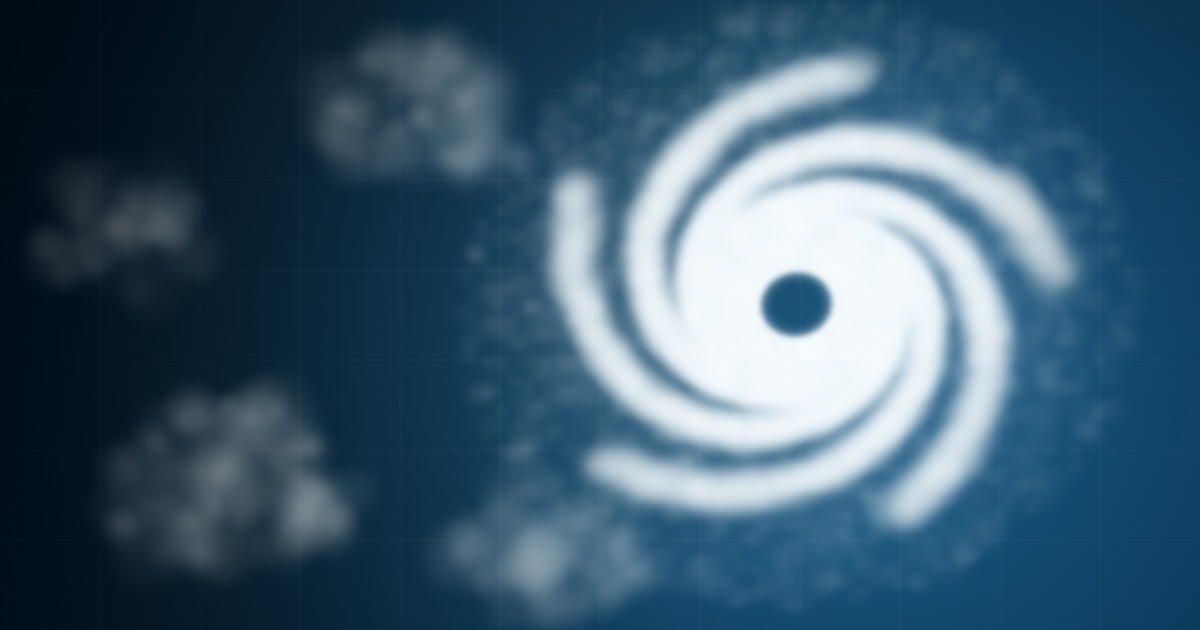 西太平洋の海上で渦を巻く台風と、周囲に点在する発達前の雲のかたまり（台風のたまご）を表したイメージ図