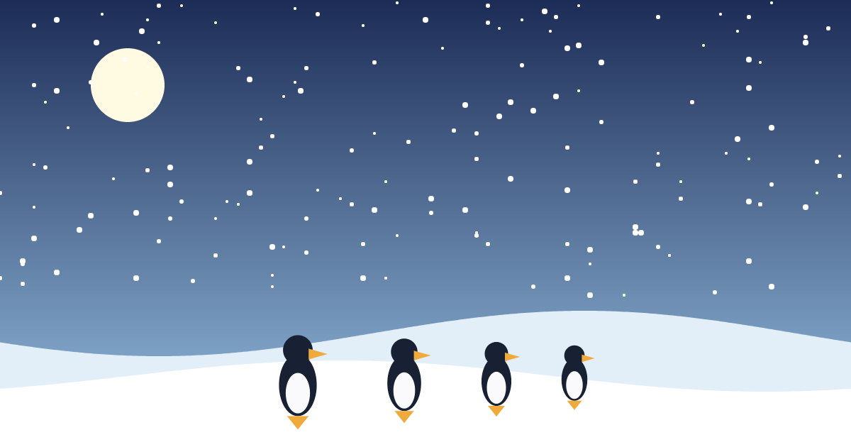 雪原を歩くペンギンの行列のイラスト（旭山動物園のイメージ）