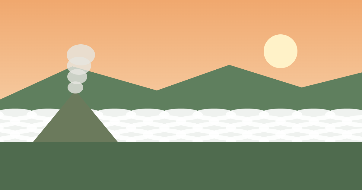 カルデラにたまる雲海と噴煙のイラスト（阿蘇のイメージ）