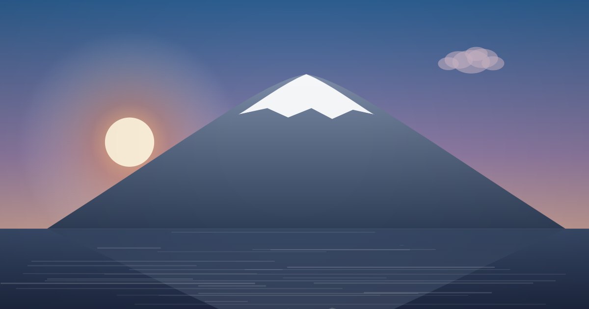 夕焼けの空に浮かぶ富士山と湖のイラスト