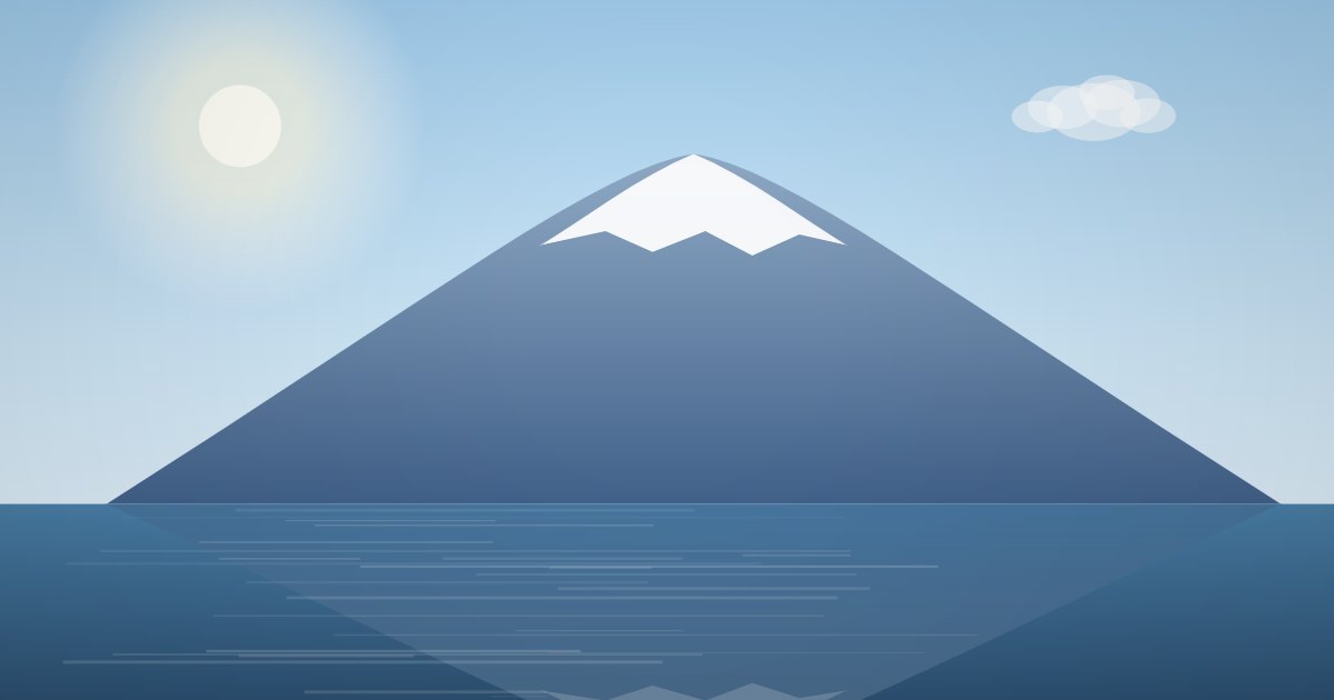 冬晴れの空と雪をかぶった富士山、湖面に映る逆さ富士のイラスト