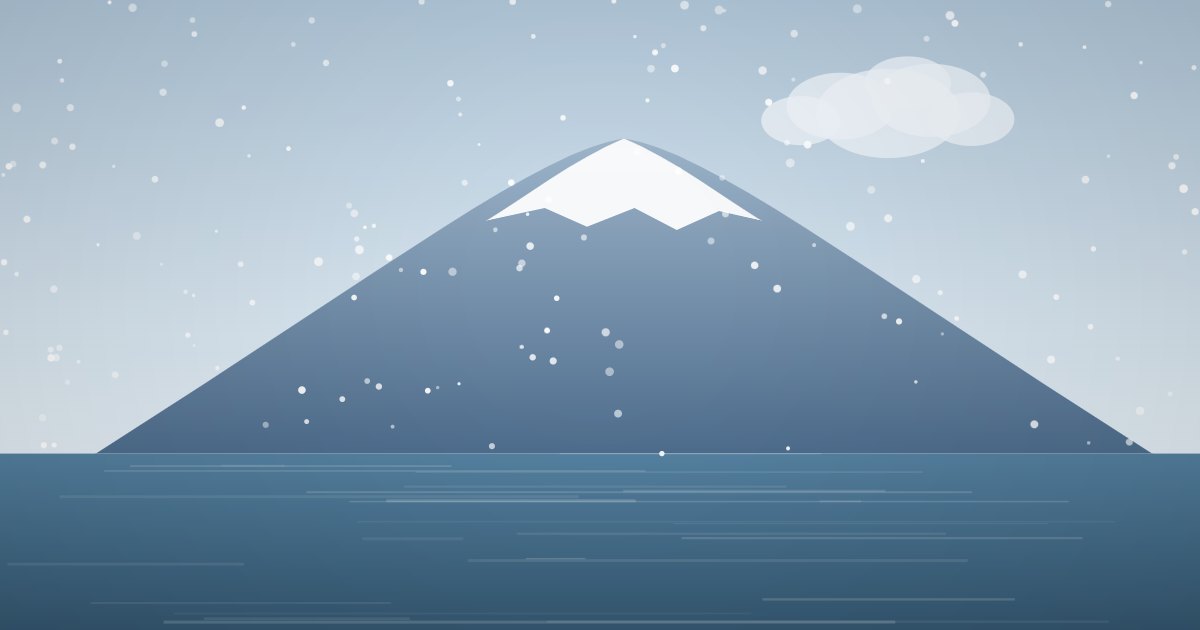 雪が舞う空と富士山、湖のイラスト