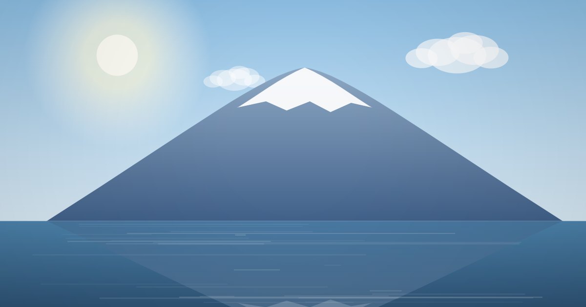 早春の空と雪の残る富士山、湖のイラスト
