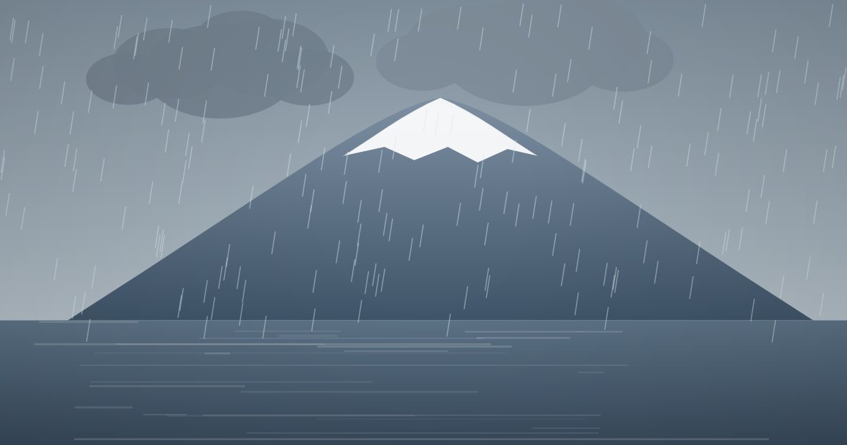 雨雲から雨が降る梅雨の富士山と湖のイラスト