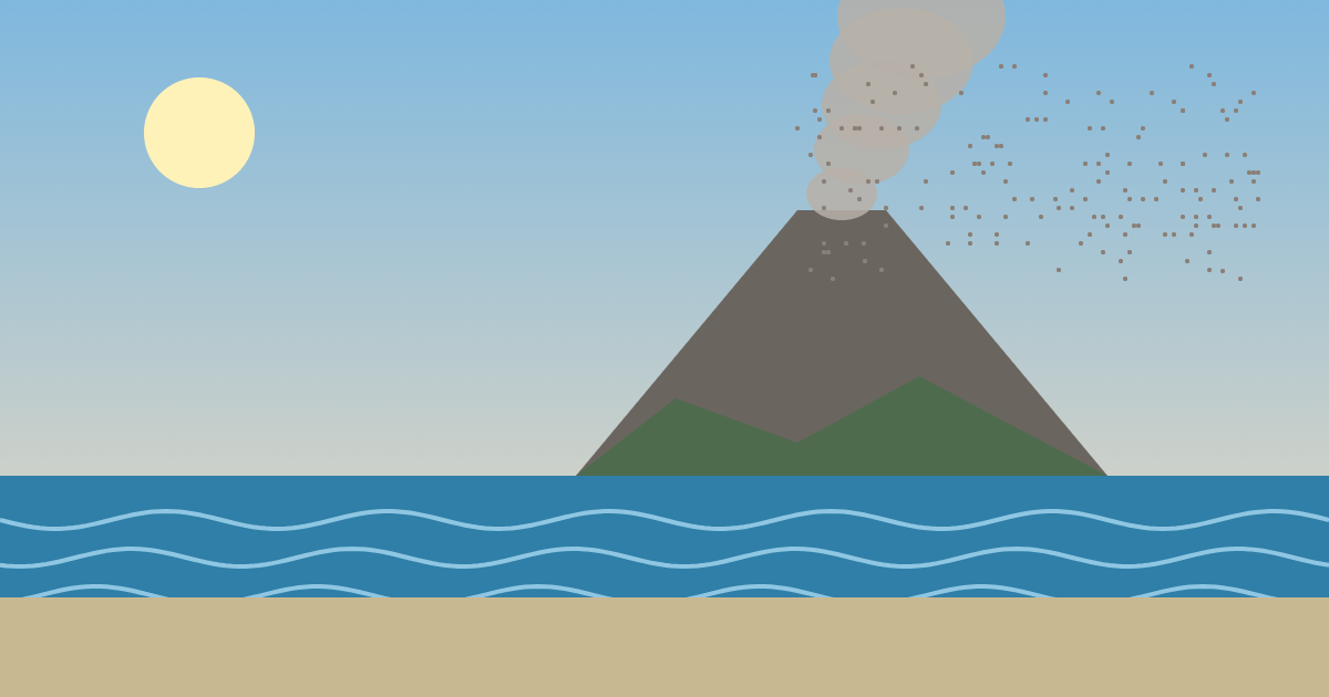 海の向こうに噴煙をあげる火山のイラスト（桜島のイメージ）
