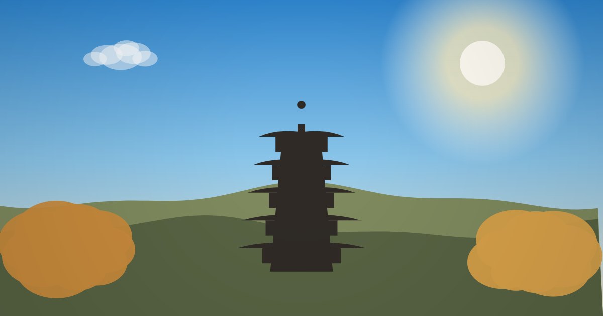 秋晴れの空と色づきはじめた木々、五重塔のイラスト
