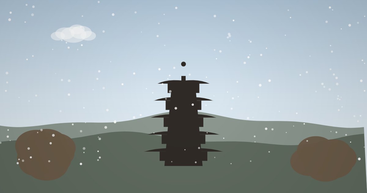 雪が舞う京都の五重塔と山のイラスト