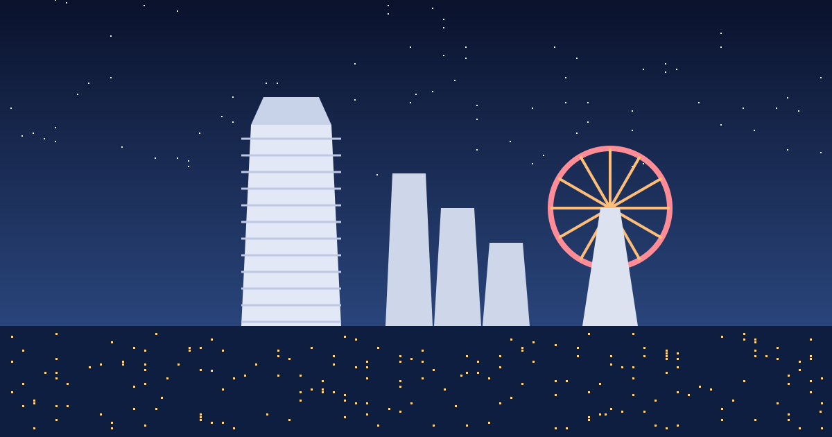 みなとみらいの夜景と観覧車のイラスト（横浜ランドマークタワーのイメージ）