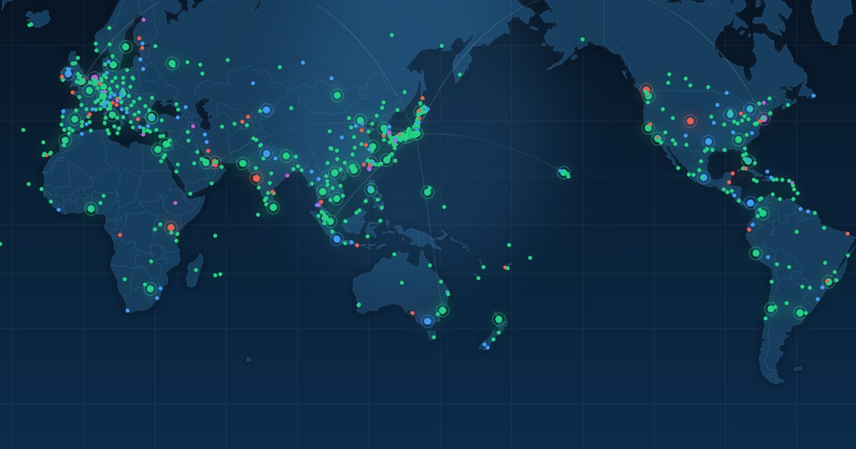 世界地図の上に世界5,336空港の位置を飛行方式区分の色で示した、METAR・TAFリアルタイム表示ツールのイメージ