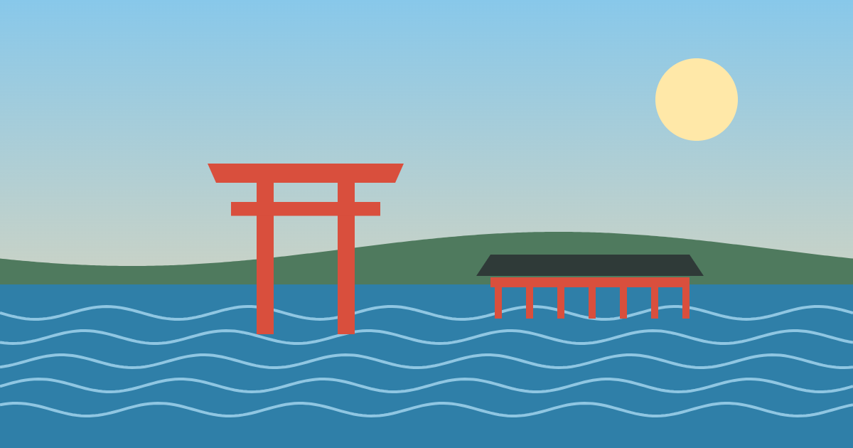 海に立つ大鳥居と社殿のイラスト（宮島のイメージ）