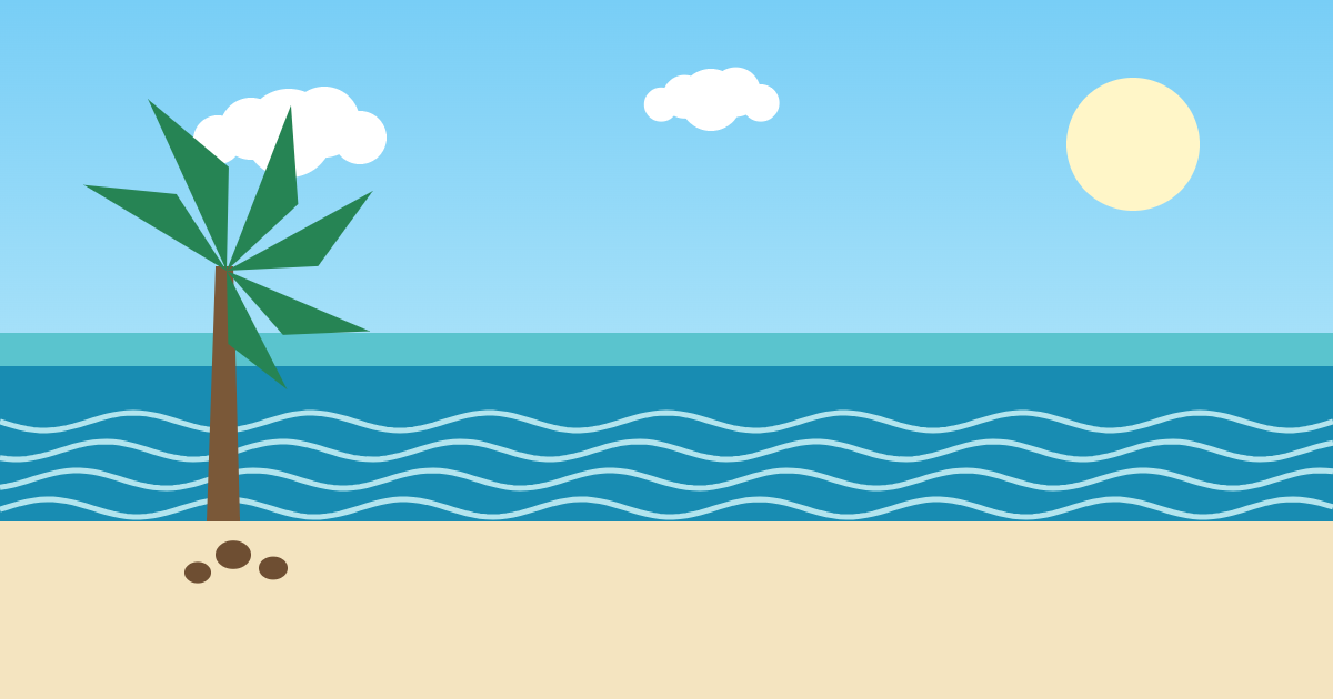 ヤシの木と青い海の砂浜のイラスト（沖縄のイメージ）