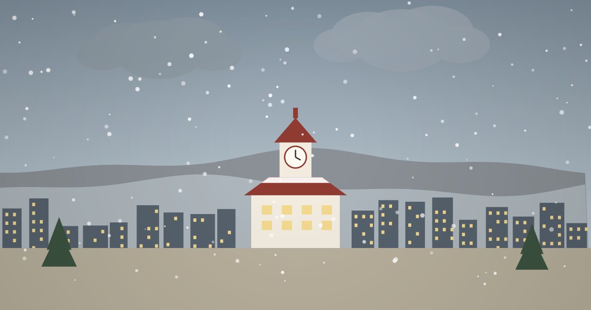 初雪が舞う札幌の街と時計台のイラスト