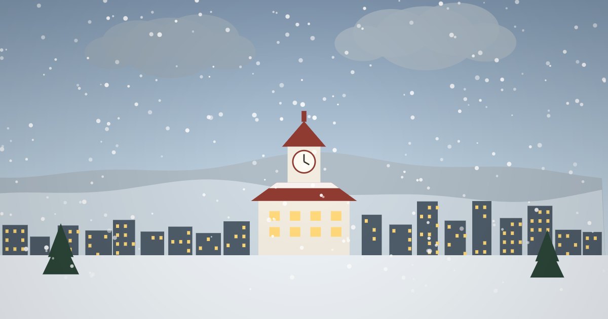 雪に包まれた札幌の街と時計台、ホワイトクリスマスのイラスト