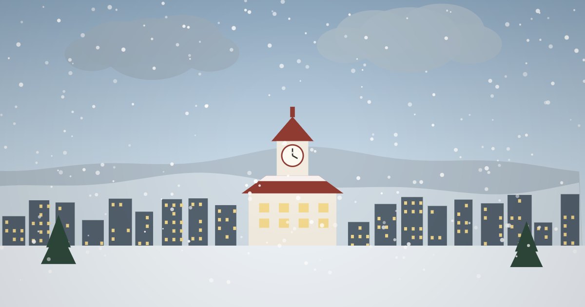 雪が降る札幌の街と、赤い屋根に雪が積もった時計台のイラスト