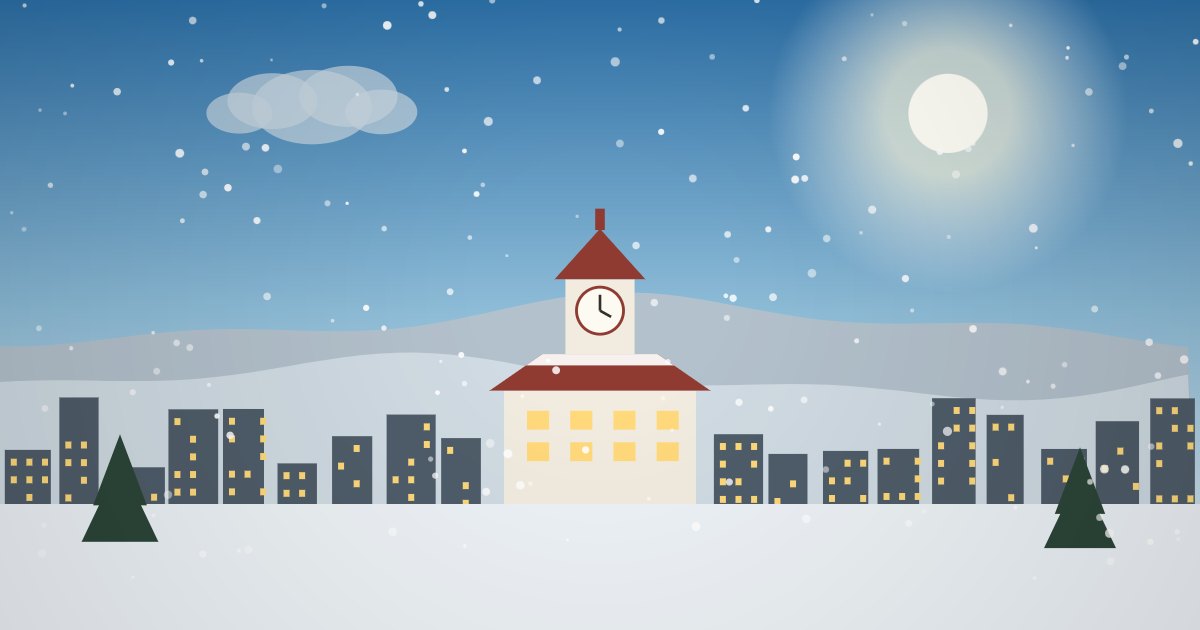 雪化粧した札幌の街と時計台のイラスト