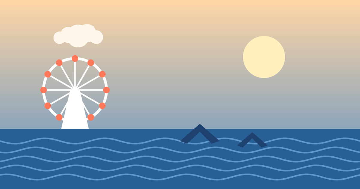 海と観覧車とイルカのイラスト（横浜・八景島シーパラダイスのイメージ）