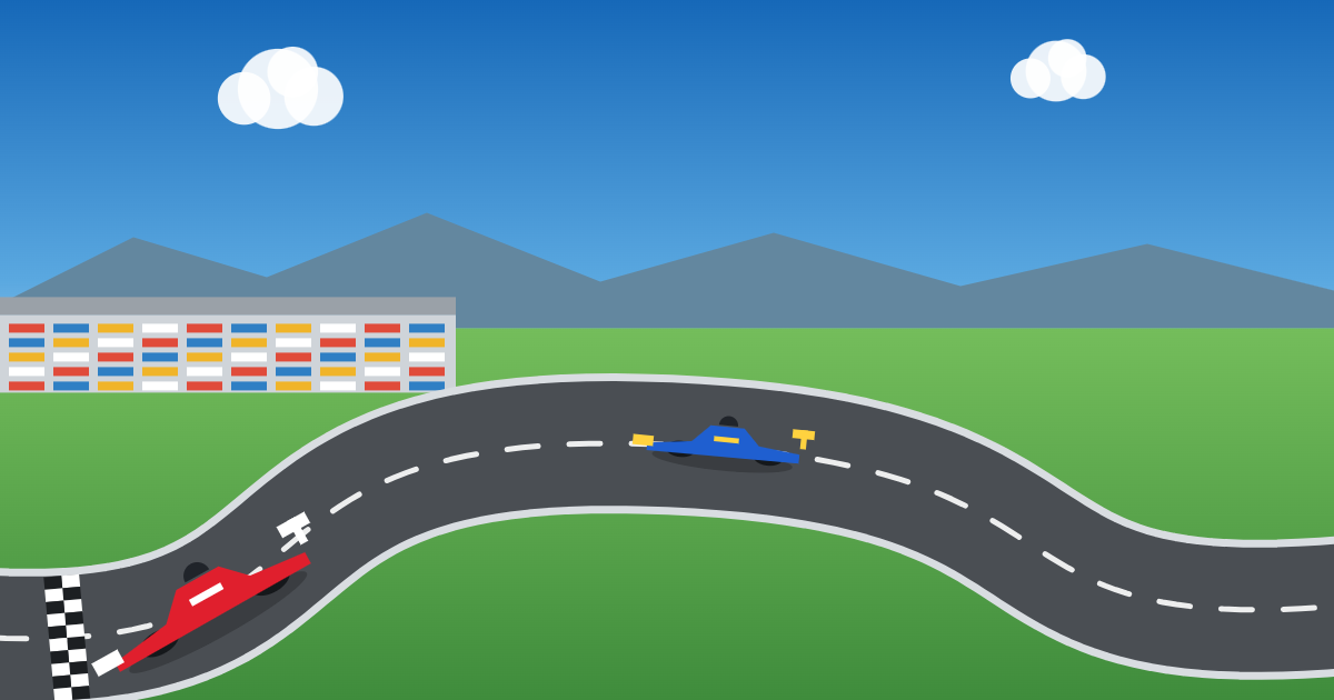 山を背にしたサーキットのコースを走るレーシングカーのイラスト（鈴鹿サーキットのイメージ）