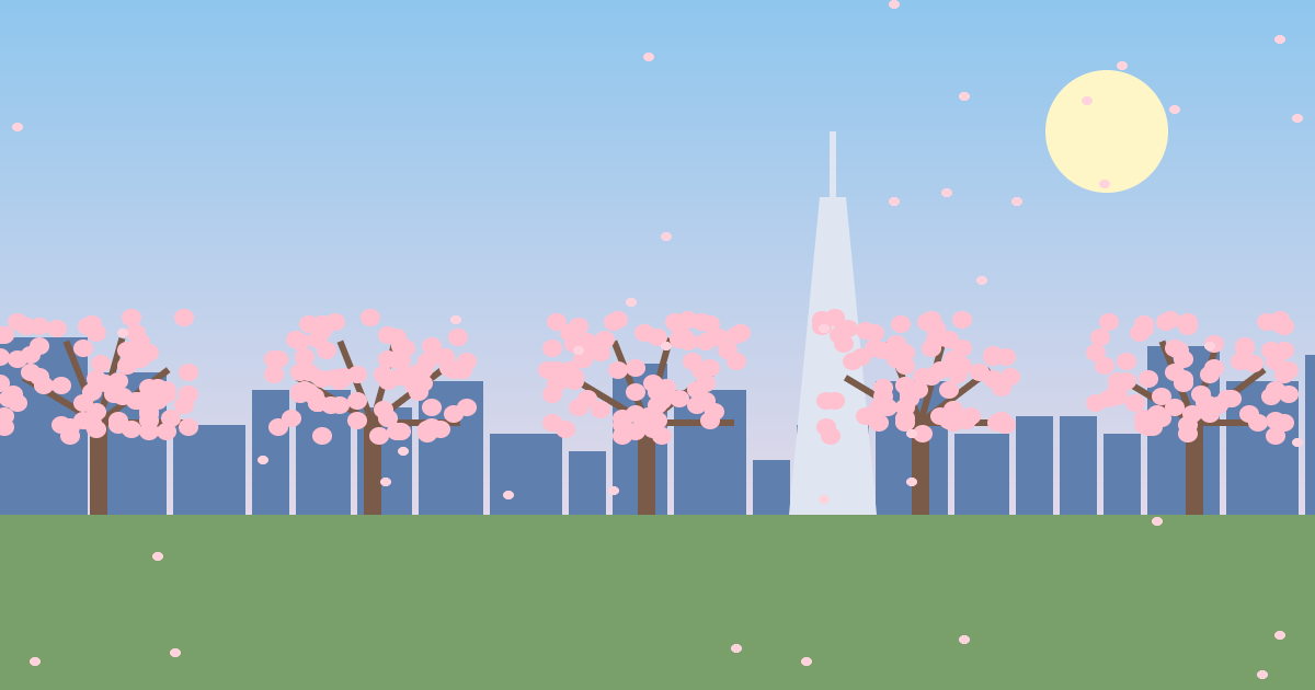 桜と高層ビル群のイラスト（東京観光のイメージ）