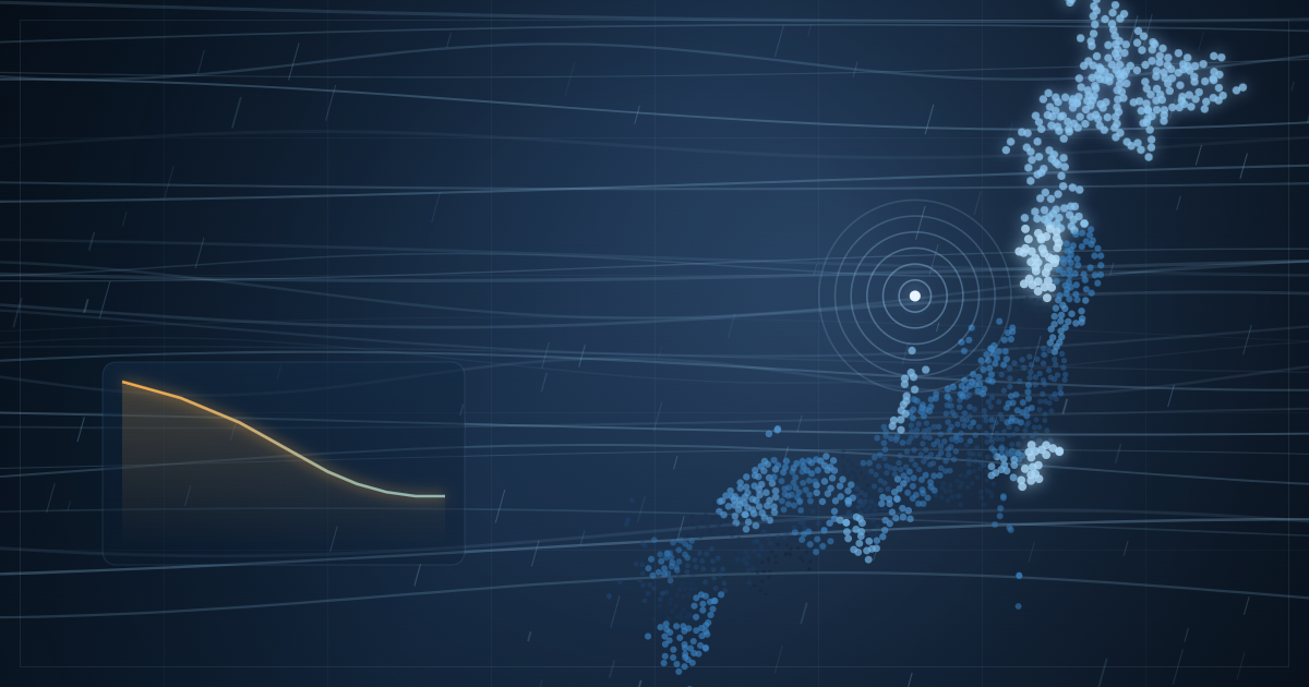 夜空色の日本地図に低気圧の渦を思わせる光と風の線、気圧変化の折れ線を重ねたイメージ