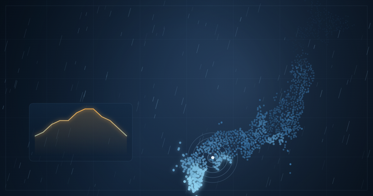 6月の降水量で色分けした日本地図に雨の粒と、低気圧の位置を示す光を重ねたイメージ