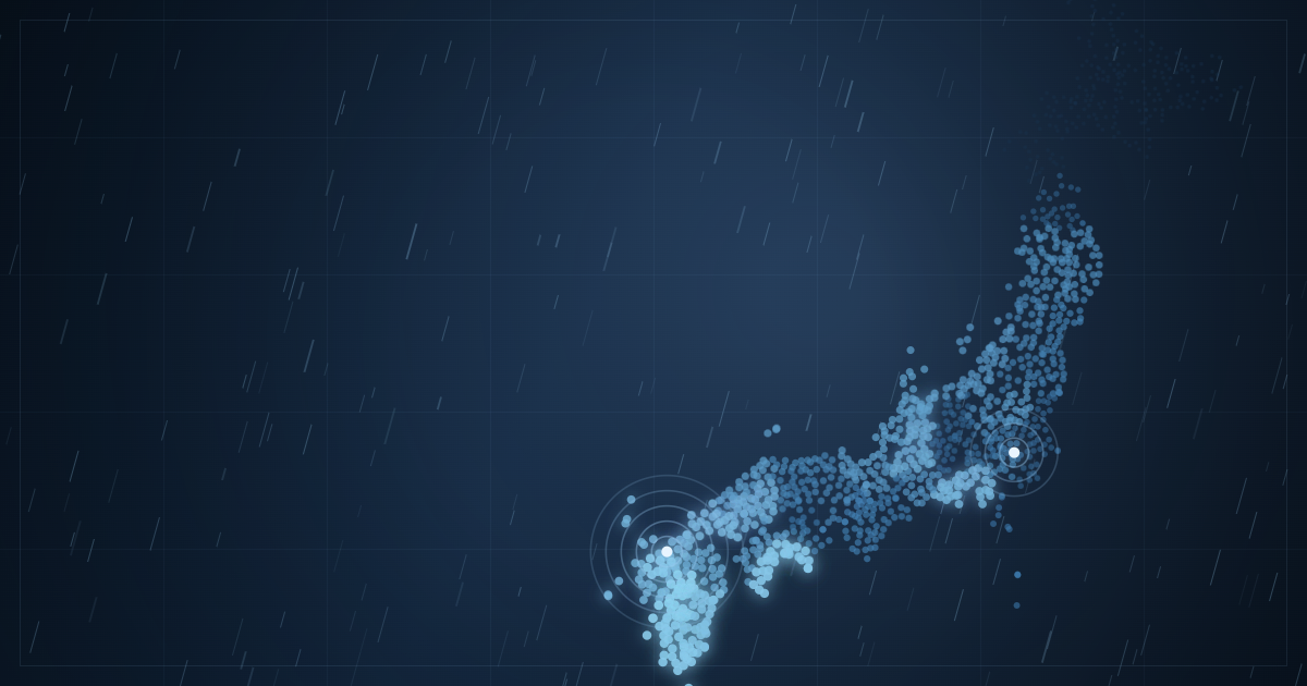 青い日本地図に7月の降水量で色分けし、雨の粒とレーダーの光を重ねたイメージ