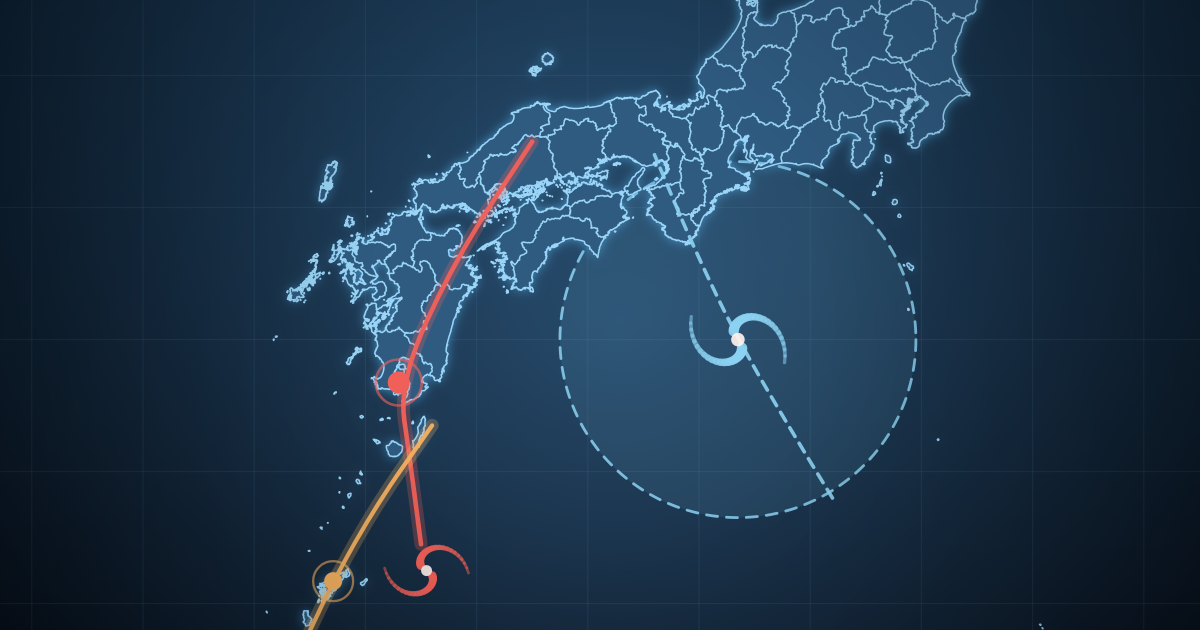 上陸・通過・接近の3パターンを示した台風経路の図